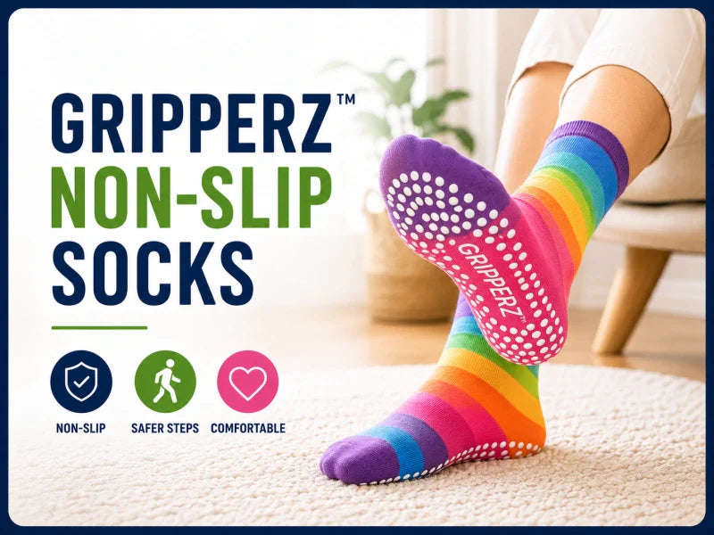Colourful Gripperz non-slip socks featured in an Australian guide to choosing non-slip socks for safer mobility.