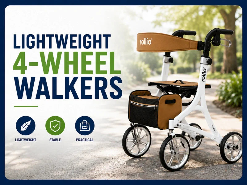 Lightweight 4-wheel walker with seat and storage bag on a park path, promoting an Australian guide to choosing walkers.