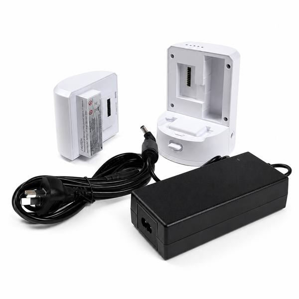 Kingon Power Pack containing a white E6/E7 battery, AC adaptor and external charger
