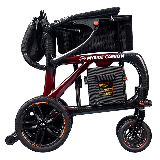 Black and red Myride Carbon electric wheelchair on a white background