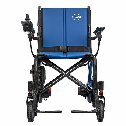 A blue and black electric wheelchair shown from the front against a solid white background, featuring a padded blue backrest and seat with a black frame and wheels.