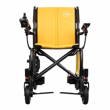 An electric motorized wheelchair shown from the front against a solid white background. The wheelchair features a bright yellow padded seat and backrest with a white 'E-Mod' logo, a black metal frame, and black wheels.