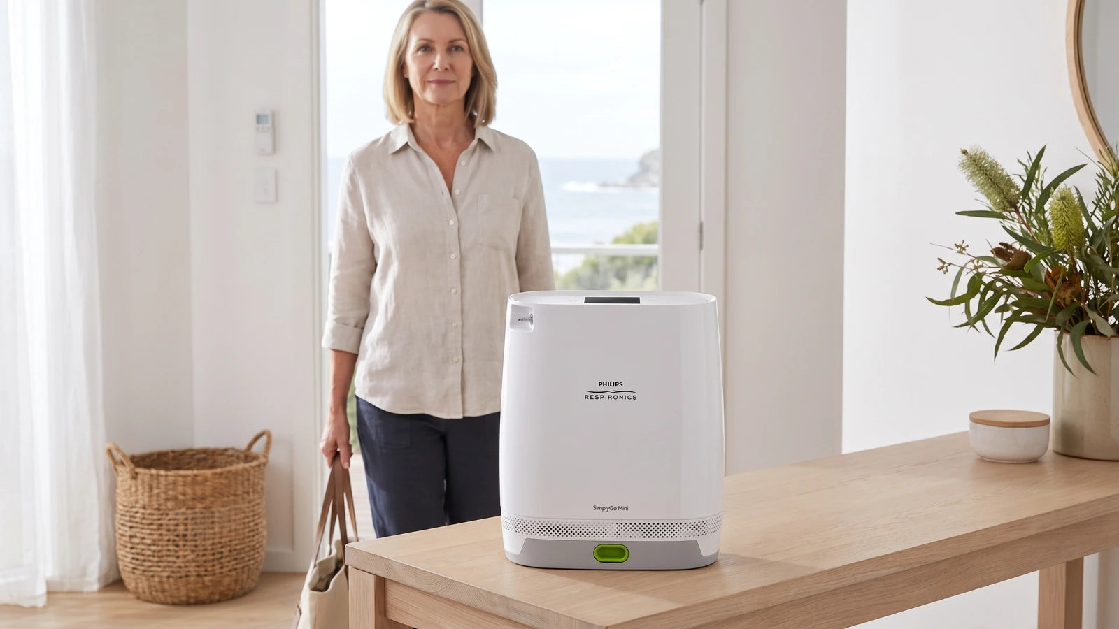 Philips SimplyGo Mini in a bright home as a woman prepares to leave