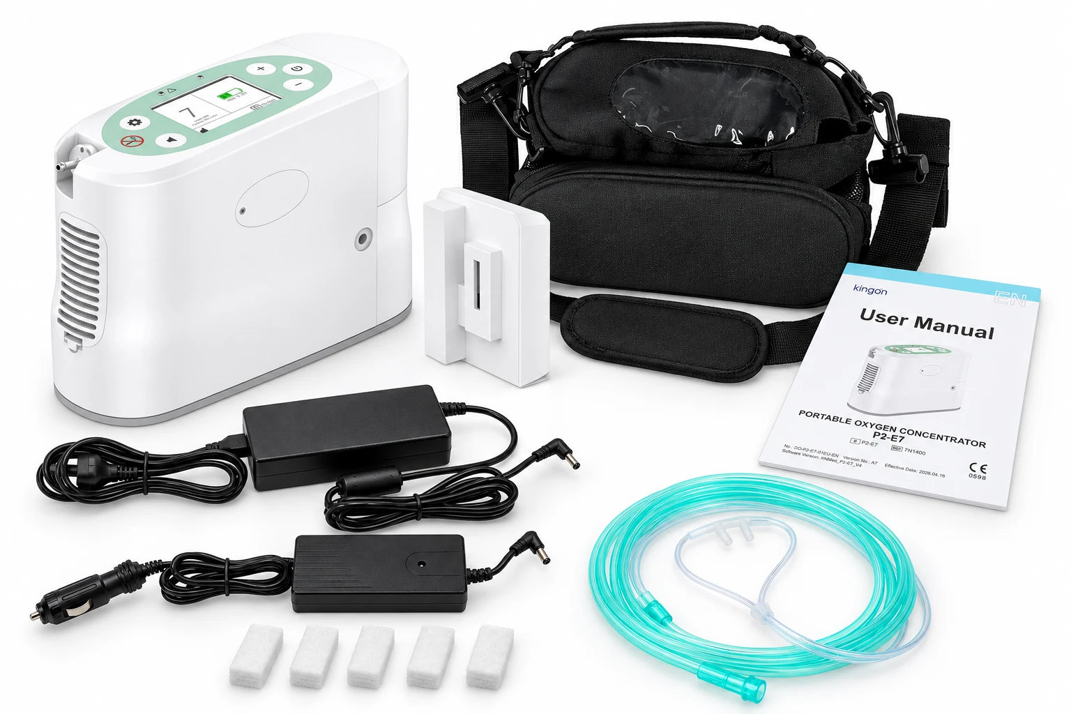 Essential package illustration: Kingon P2-E7 with one battery fitted, one spare white battery, shoulder bag, AC and DC chargers, five filters, user manual and one nasal cannula