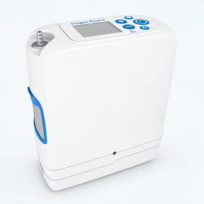 Inogen One Rove 6 16-cell portable oxygen concentrator on a pale studio background