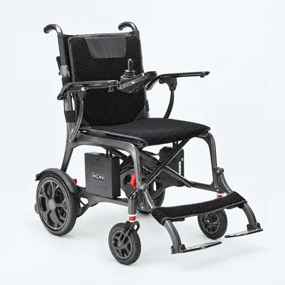 Ikon Enduro Powerlite electric wheelchair in black on a pale studio background