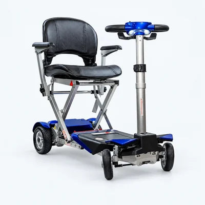 Solax Transformer Comfort Pro mobility scooter in blue on a pale studio background